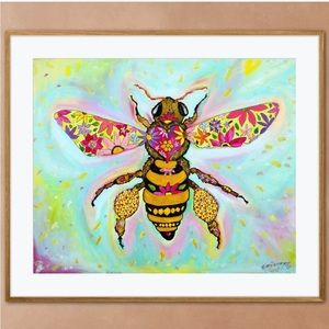 Whimsical Honeybee Art Print Oil Painting colorful flowers wings boho home decor